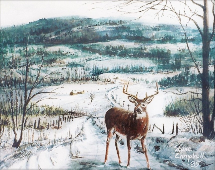 watercolor/gouache painting of deer