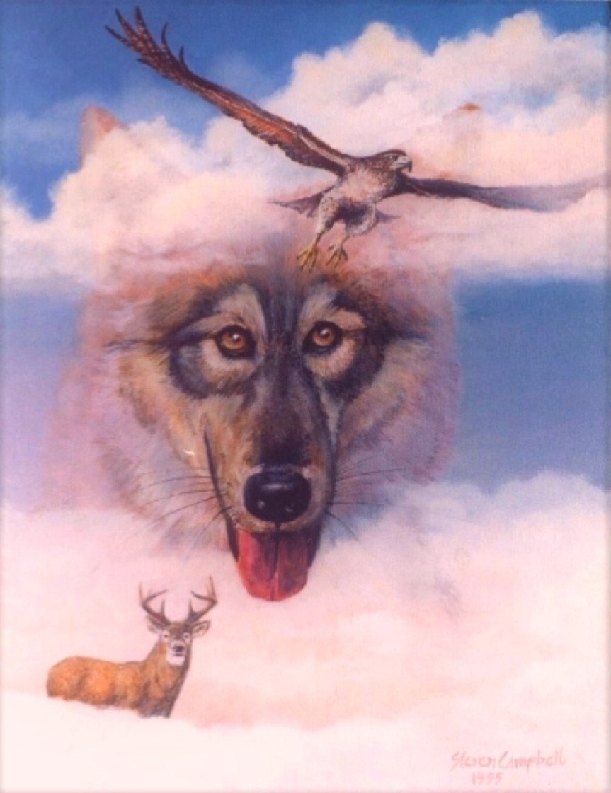 hawk, wolf, and deer in the sky