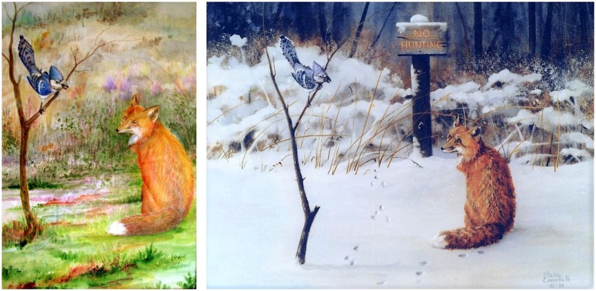 blue jay and red fox paintings