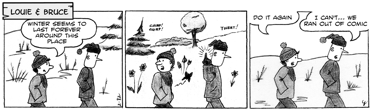 february 1982 3-panel louie and bruce comic strip, first of two